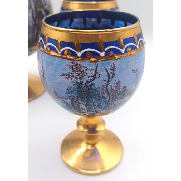 Murano Cobalt Blue Gold Pedestal Italian Victorian Scenes Decanter Wine Glasses - Picture 14 of 15